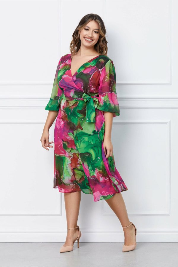 Rochie Mara verde si fucsia cu decolteu petrecut