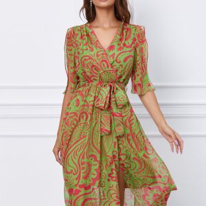Rochie Marcie verde cu imprimeu roz si maneci decupate