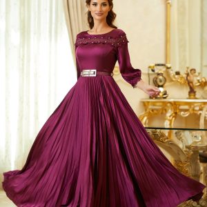 Rochie Maria lunga magenta cu fusta plisata