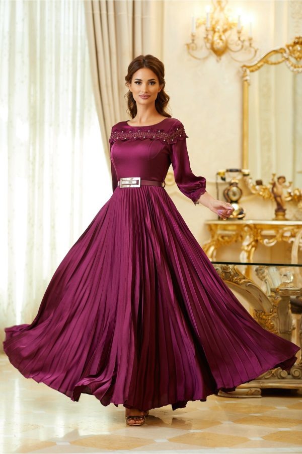 Rochie Maria lunga magenta cu fusta plisata