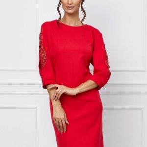 rochie-maria-rosie-cu-broderie-si-insertii-din-tulle-la-maneci-1067244-861585-4.jpeg Rochie Maria rosie cu broderie si insertii din tulle la maneci
