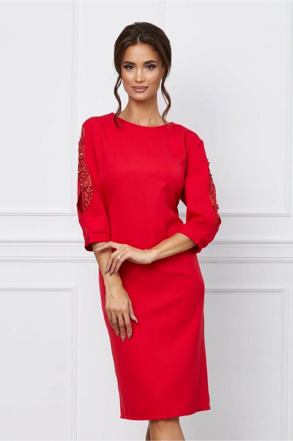 Rochie Maria rosie cu broderie si insertii din tulle la maneci