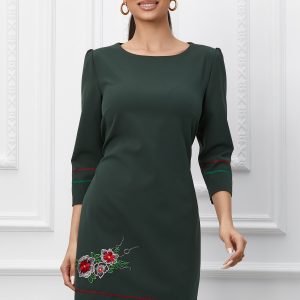 Rochie Marina kaki cu broderie florala
