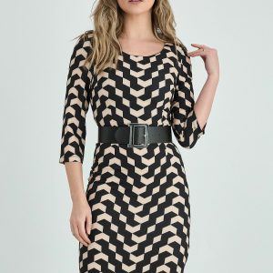 Rochie Marina neagra cu imprimeu beige si curea in talie