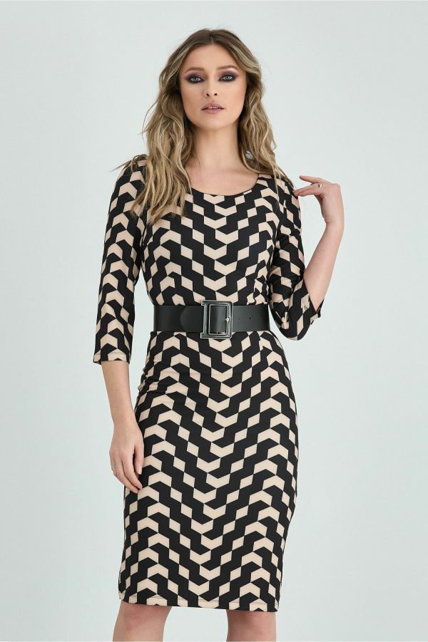 Rochie Marina neagra cu imprimeu beige si curea in talie