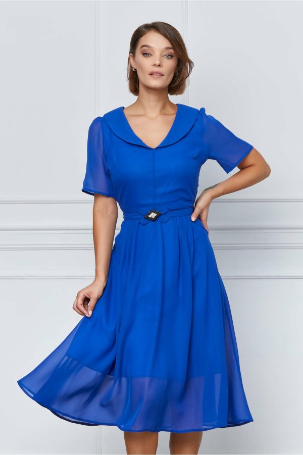 Rochie Marisa albastra cu guler rotund si cordon in talie