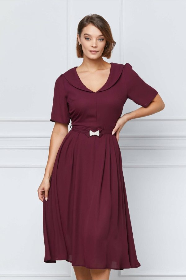 Rochie Marisa bordo cu guler rotund si cordon in talie