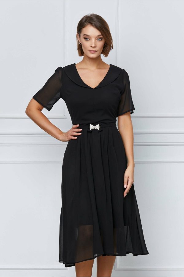 Rochie Marisa neagra cu guler rotund si cordon in talie
