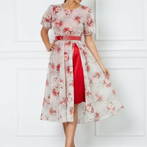 Rochie Mary bej midi cu imprimeuri florale corai