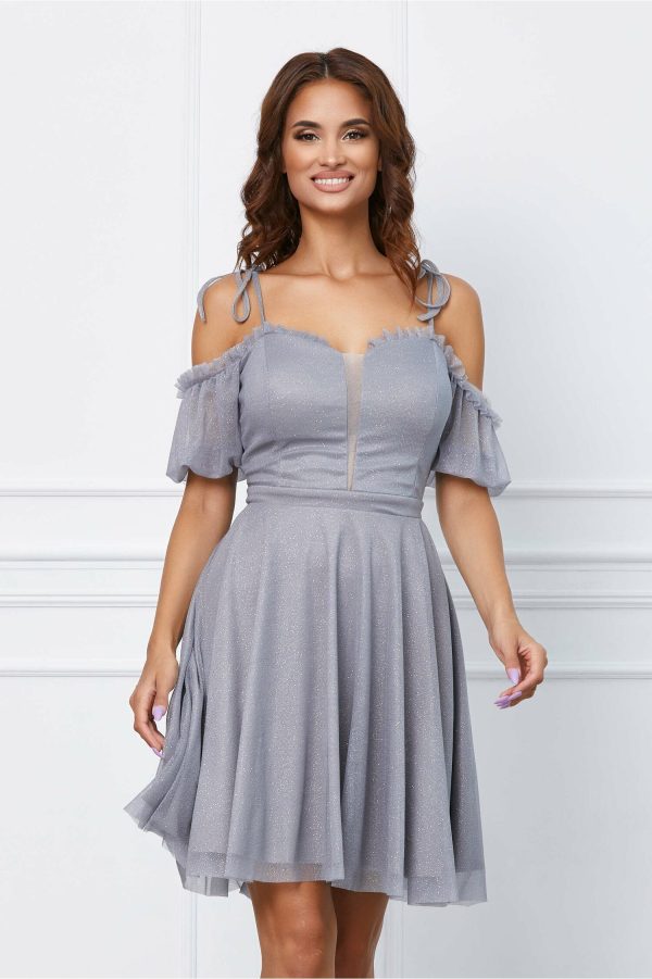 Rochie Maya gri cu glitter si umeri goi