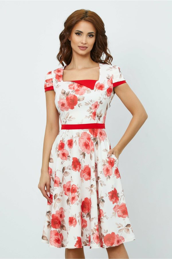 Rochie MBG alba cu imprimeu floral rosu
