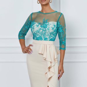 Rochie MBG bej cu dantela verde la bust si volan pe fusta