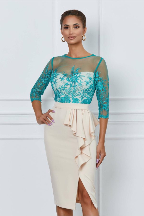 rochie-mbg-bej-cu-dantela-verde-la-bust-si-volan-pe-fusta-1060071-855312-4.jpeg Rochie MBG bej cu dantela verde la bust si volan pe fusta