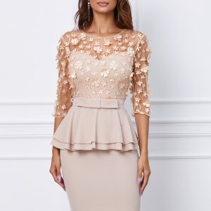 Rochie MBG bej cu peplum si aplicatii florale la bust