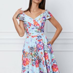 Rochie MBG bleu cu imprimeuri florale corai