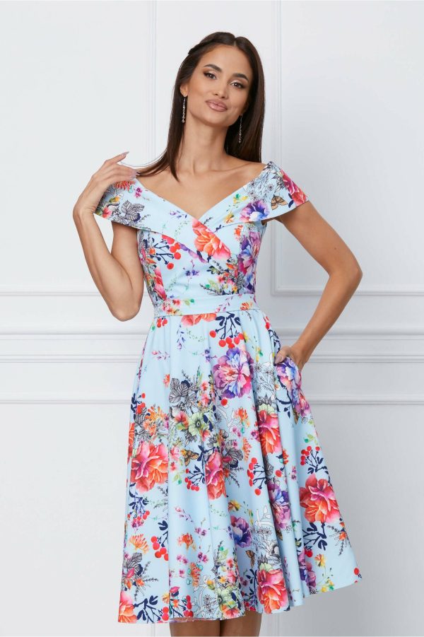 Rochie MBG bleu cu imprimeuri florale corai