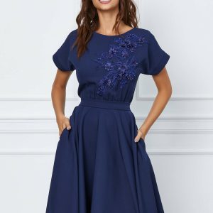 Rochie MBG bleumarin cu broderie florala pe bust