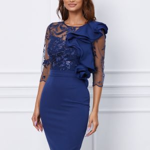 Rochie MBG bleumarin cu dantela si volan maxi la bust