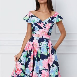 Rochie MBG bleumarin cu imprimeuri florale roz