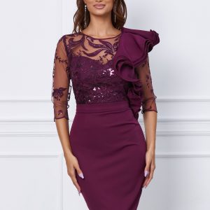 Rochie MBG bordo cu dantela si volan maxi la bust