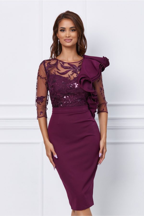 Rochie MBG bordo cu dantela si volan maxi la bust