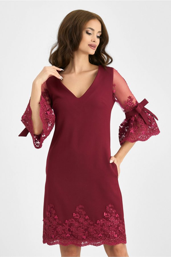 Rochie MBG bordo cu maneci si baza din dantela delicata
