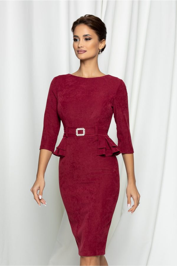 Rochie MBG bordo cu peplum si catarama in talie