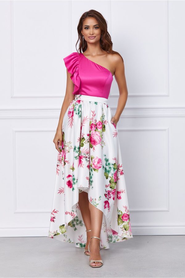 Rochie MBG cu bust fuchsia si fusta alba inflorata