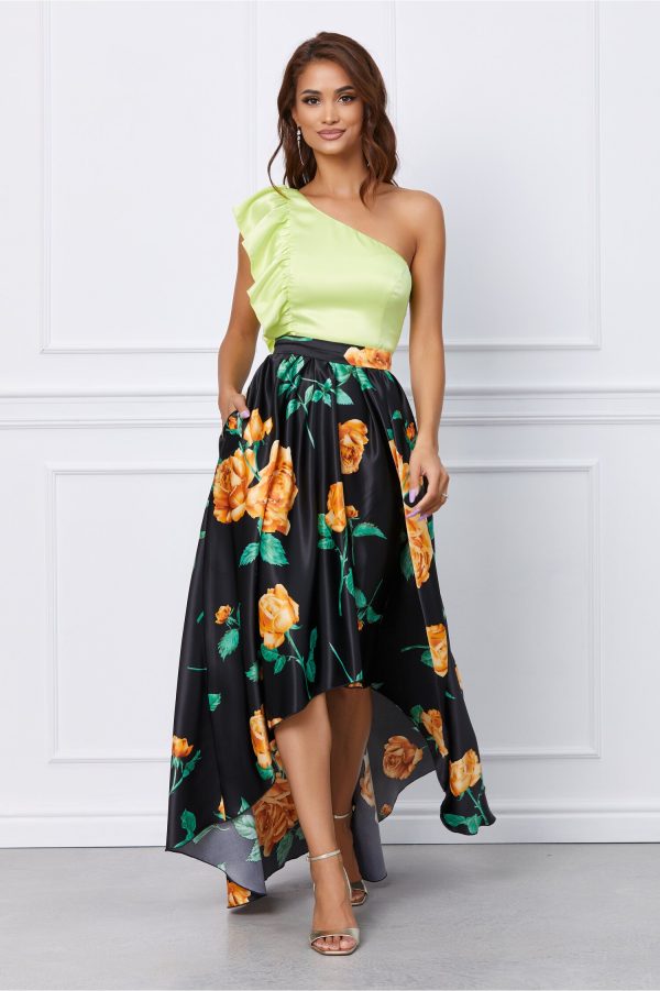 Rochie MBG cu bust verde si fusta neagra inflorata