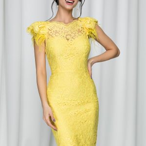 Rochie MBG galbena din dantela accesorizata cu fulgi la maneci