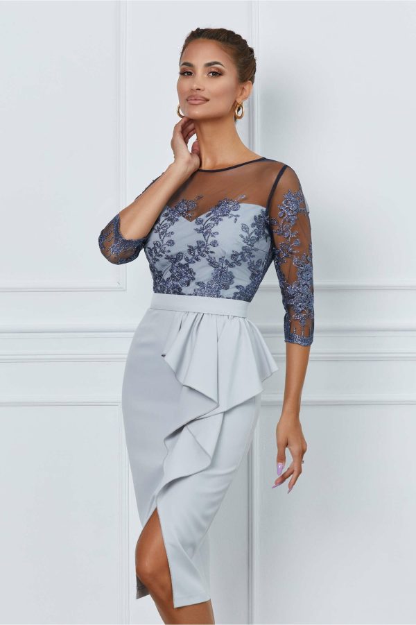 Rochie MBG gri cu dantela la bust si volan pe fusta