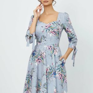 Rochie MBG gri cu imprimeu floral si banda in talie