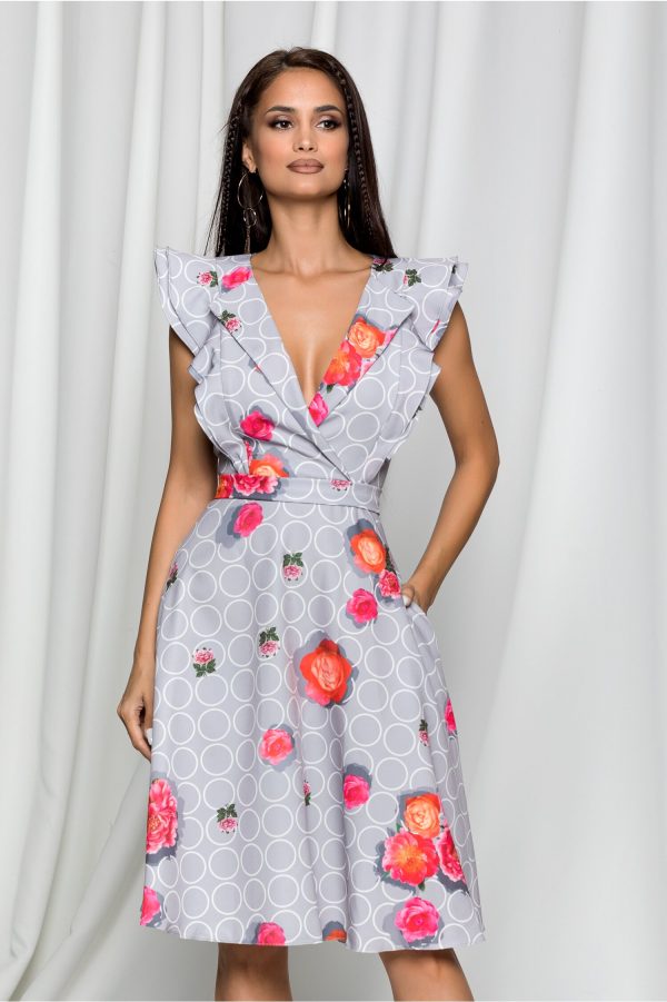 rochie-mbg-gri-cu-imprimeu-floral-si-cercuri-albe-908580-731469-4.jpeg Rochie MBG gri cu imprimeu floral si cercuri albe