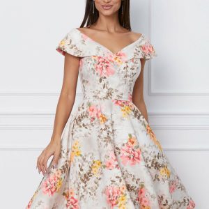 Rochie MBG ivory cu imprimeuri florale roz