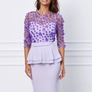 Rochie MBG lila cu peplum si aplicatii florale la bust