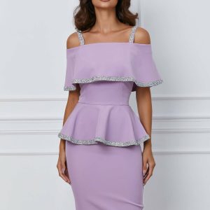 Rochie MBG lila cu strasuri si peplum