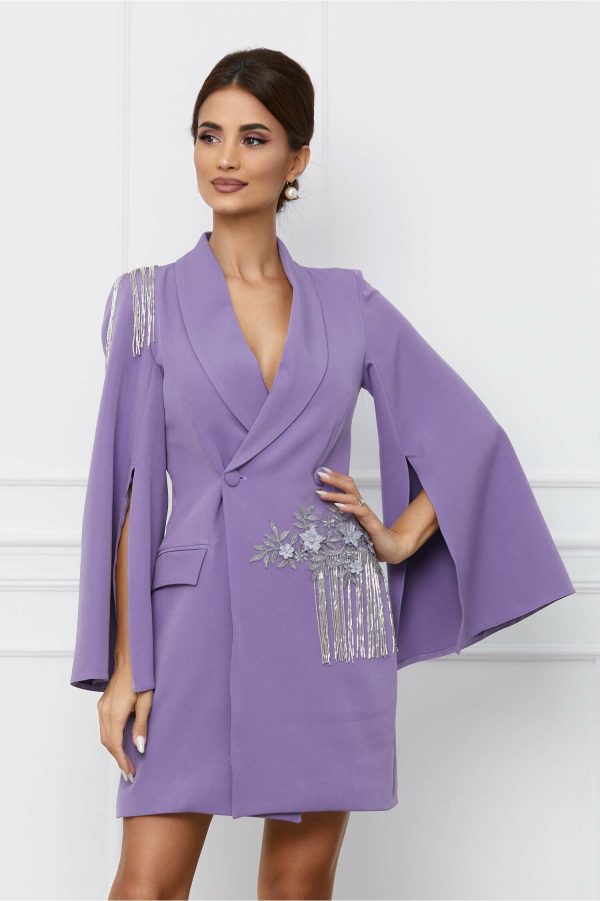 Rochie MBG lila tip sacou cu franjuri in talie si pe umar