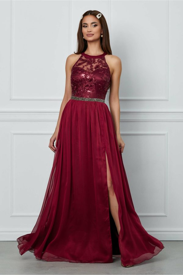 Rochie MBG lunga bordo cu bust din dantela brodata si talie marcata