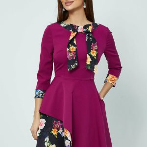 Rochie MBG magenta cu print floral si funda la guler