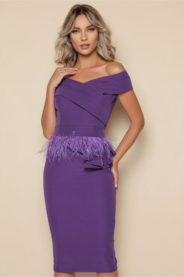 Rochie MBG mov cu peplum si pene in talie