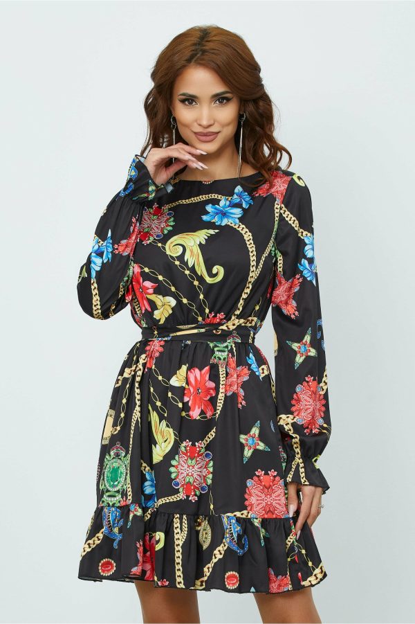 Rochie MBG neagra cu imprimeu chain si flori colorate