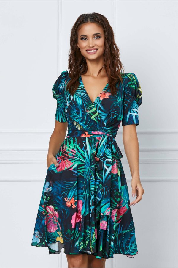 Rochie MBG neagra cu imprimeu exotic si cordon in talie
