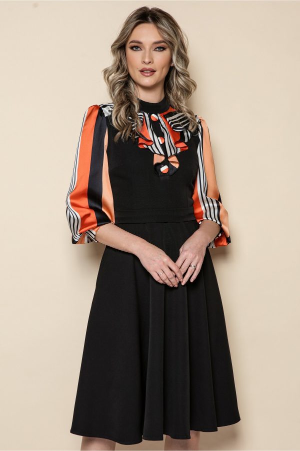 Rochie MBG neagra cu imprimeuri si volan la bust