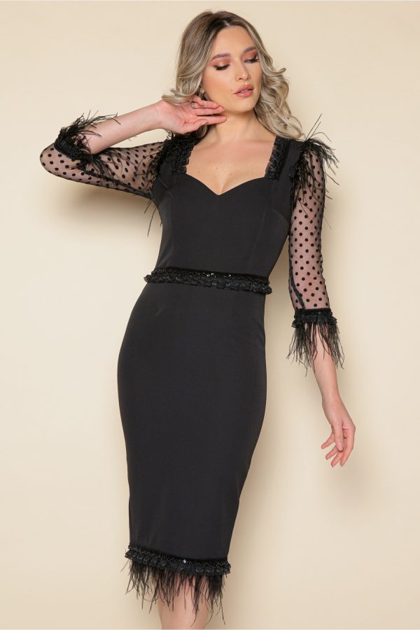 Rochie MBG neagra cu maneci din tull si pene aplicate