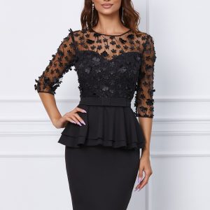 Rochie MBG neagra cu peplum si aplicatii florale la bust