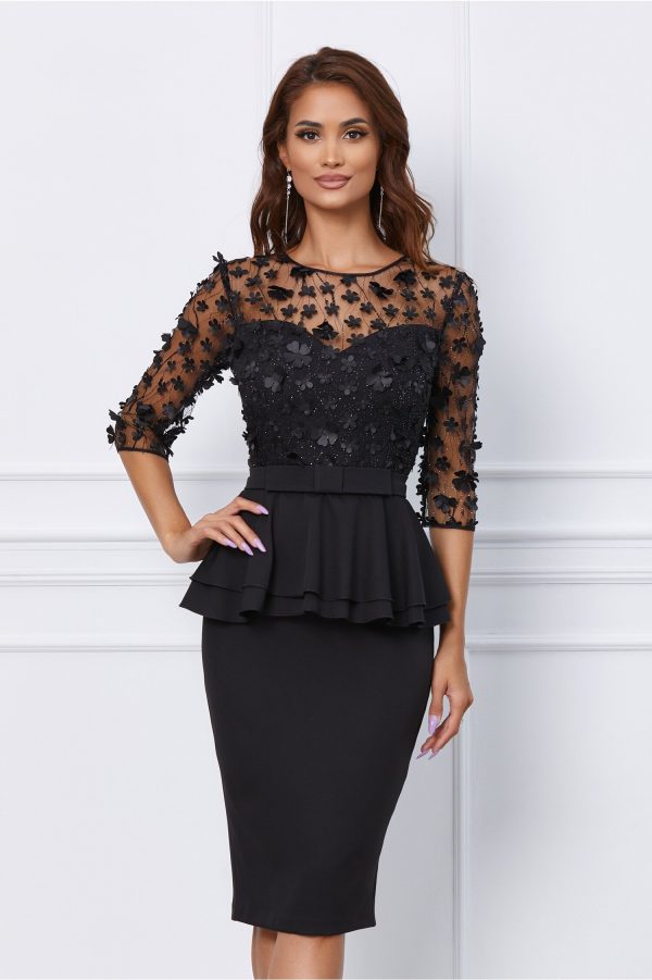 Rochie MBG neagra cu peplum si aplicatii florale la bust