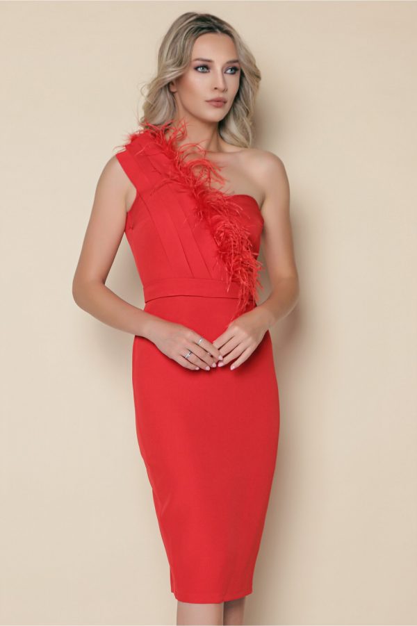 Rochie MBG rosie cu pene la bust