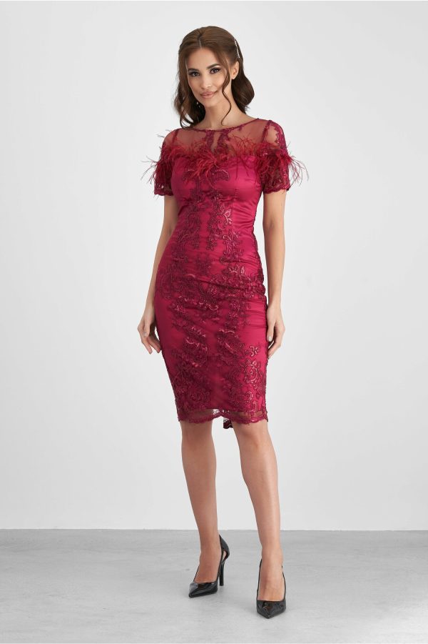 Rochie MBG rosie din dantela cu fulgi la bust