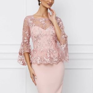 Rochie MBG roz cu maneci clopot si peplum in talie