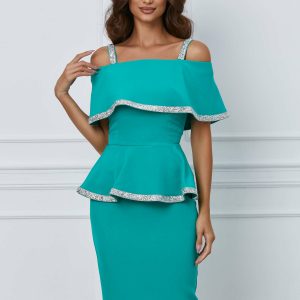 Rochie MBG turcoaz cu strasuri si peplum